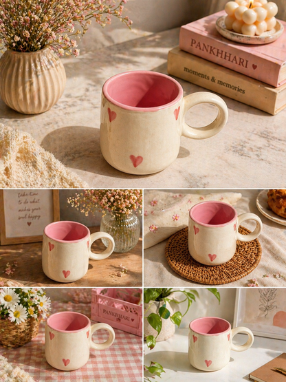 Blush pink heart ceramic coffee mug with scalloped rim — aesthetic handmade mug by Pankhhari