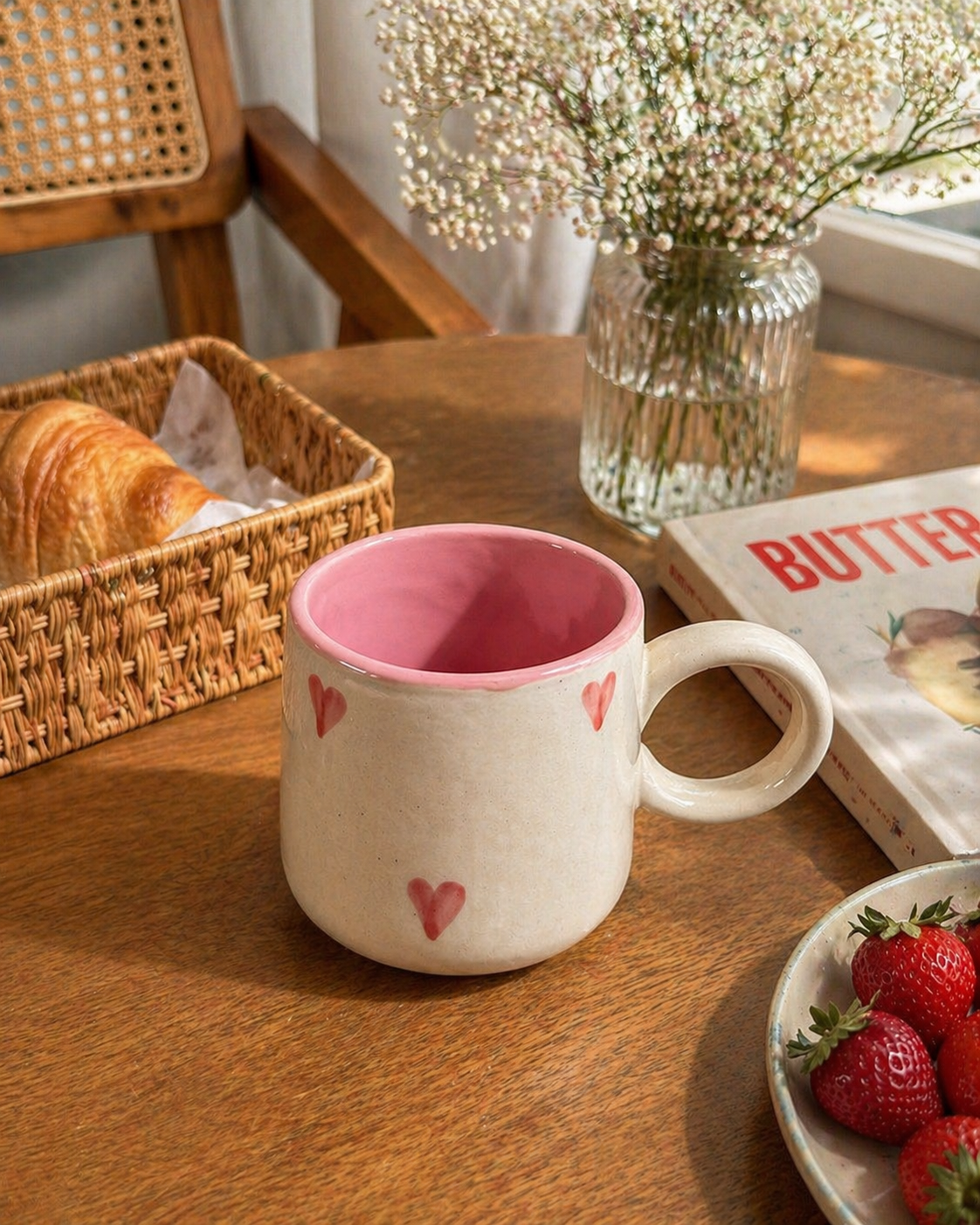 Blush pink heart ceramic coffee mug with scalloped rim — aesthetic handmade mug by Pankhhari