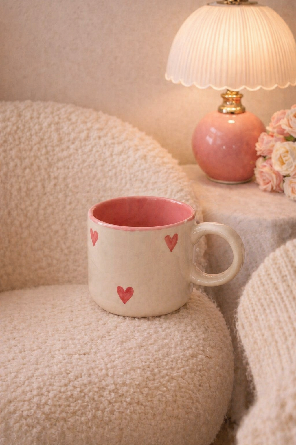 Blush pink heart ceramic coffee mug with scalloped rim — aesthetic handmade mug by Pankhhari