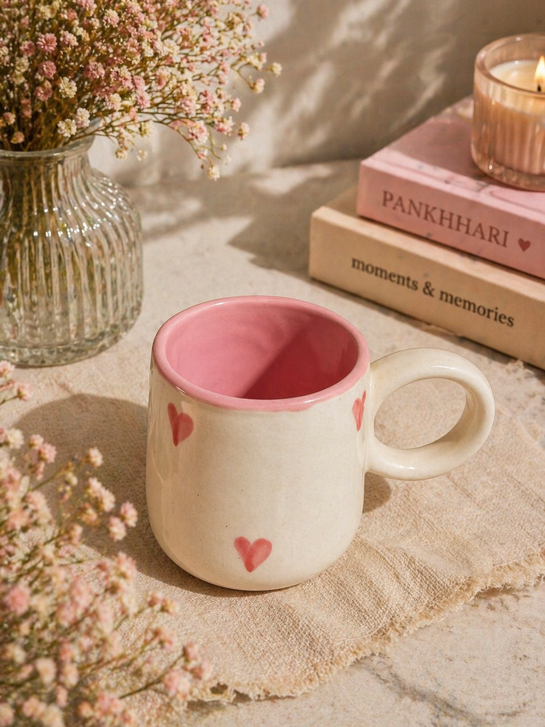 Blush pink heart ceramic coffee mug with scalloped rim — aesthetic handmade mug by Pankhhari