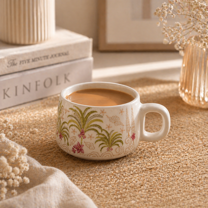 Khajur earthy printed ceramic coffee cup 200ml — handcrafted artisan cup by Pankhhari