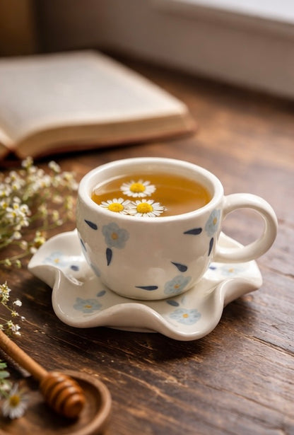 Blue floral ceramic cup saucer set detail – handcrafted by Pankhhari India