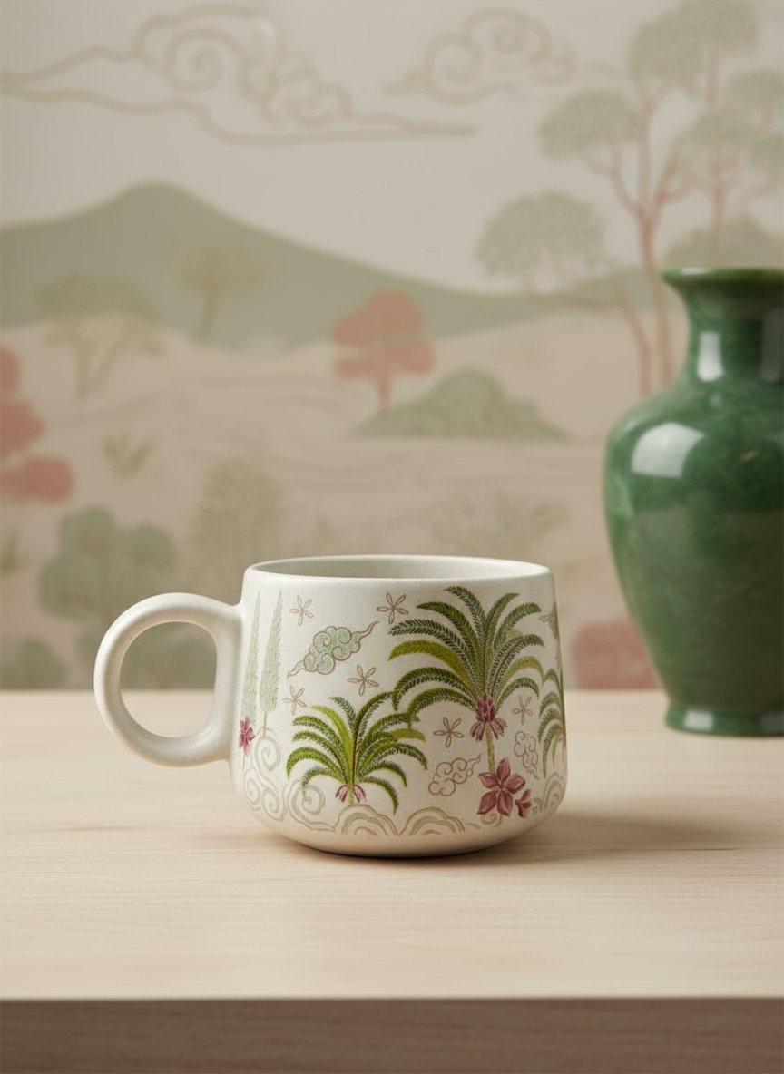 Khajur earthy printed ceramic coffee cup 200ml — handcrafted artisan cup by Pankhhari