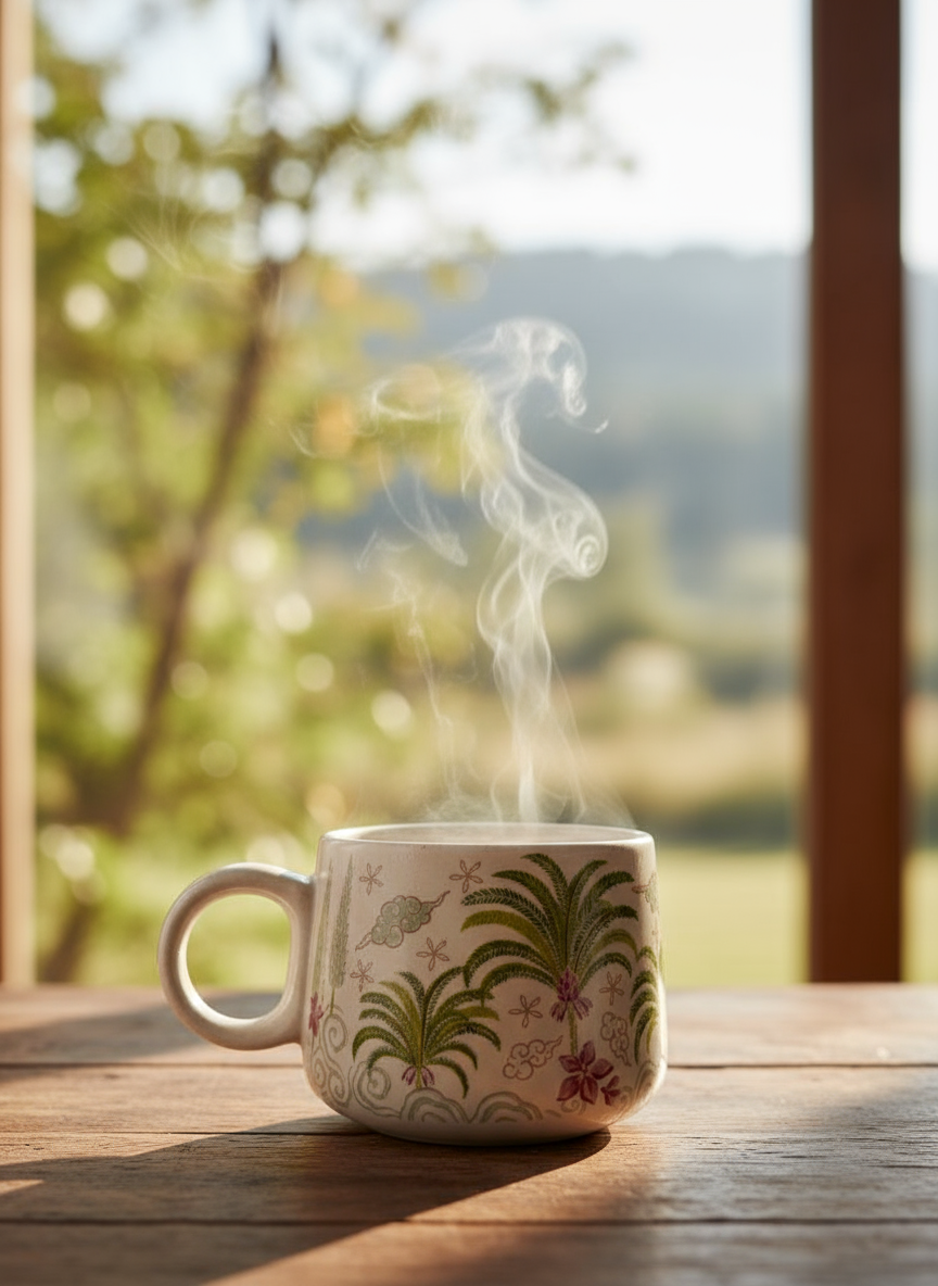 Khajur earthy printed ceramic coffee cup 200ml — handcrafted artisan cup by Pankhhari