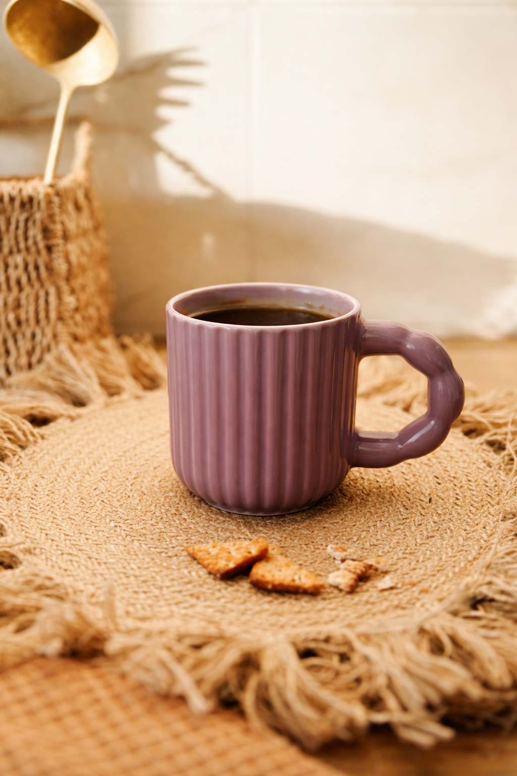 Sukoon Purple minimal ribbed ceramic coffee mug — handmade everyday mug by Pankhhari