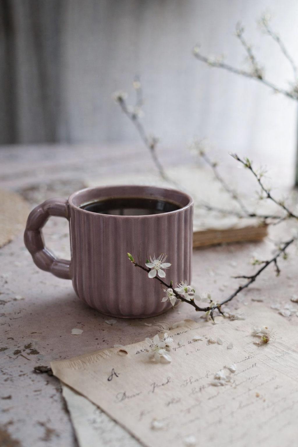 Sukoon Purple minimal ribbed ceramic coffee mug — handmade everyday mug by Pankhhari