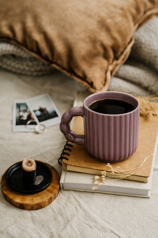 Sukoon minimal ribbed ceramic coffee mug in a calm morning setting – handmade by Pankhhari India