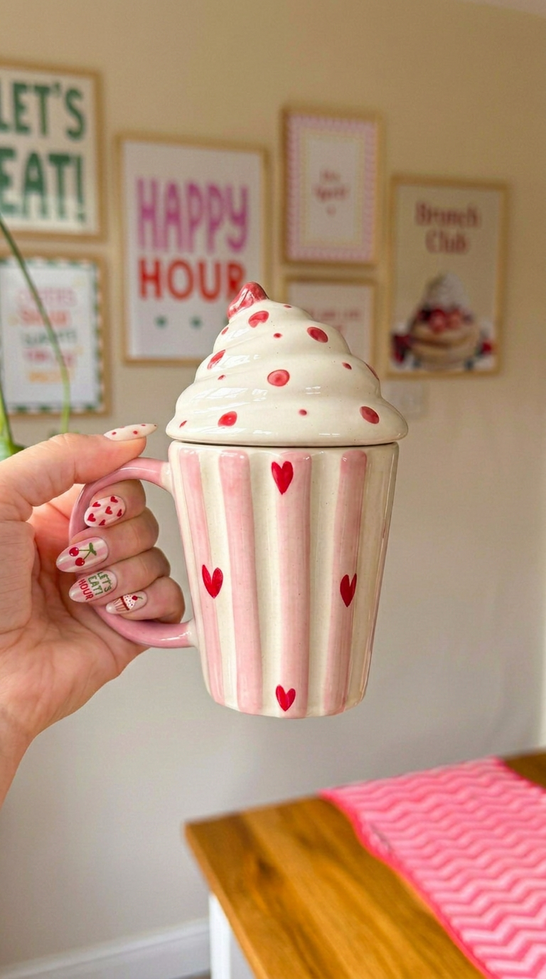 Cherry swirl ceramic mug with lid – cute handmade coffee mug by Pankhhari India