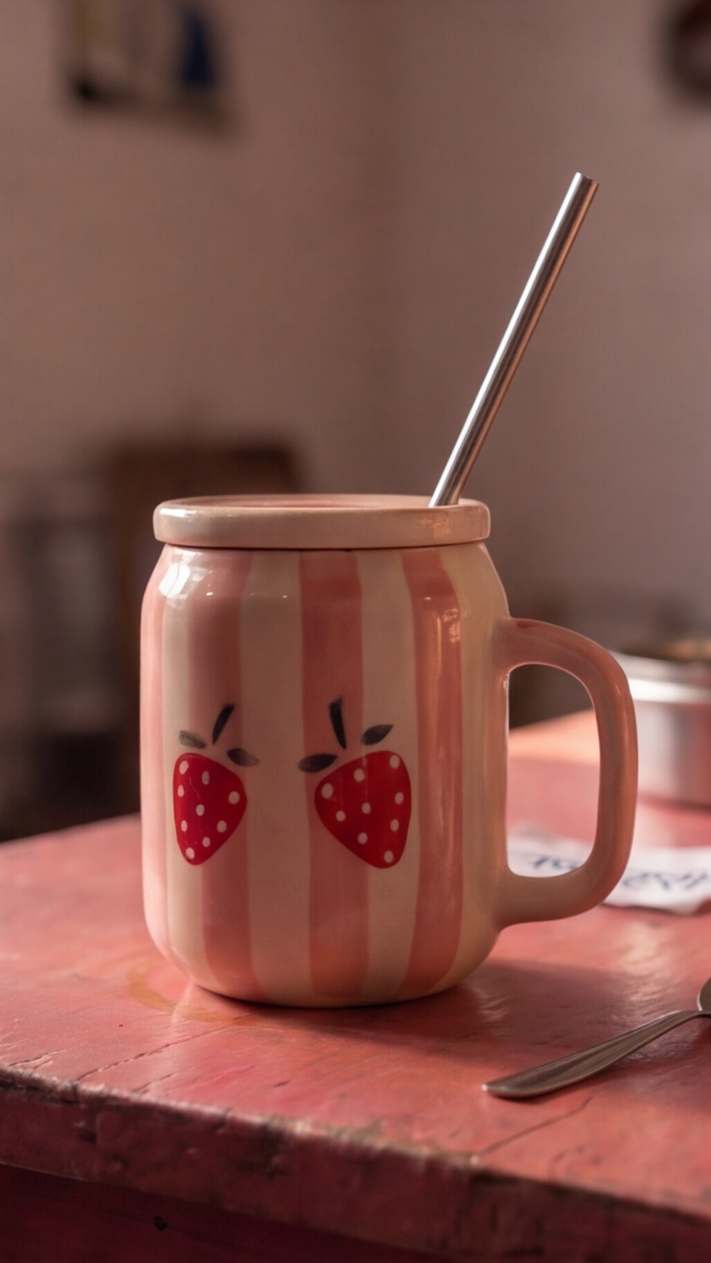Strawberry sipper ceramic mug with lid and steel straw — cute hot and cold drink mug by Pankhhari