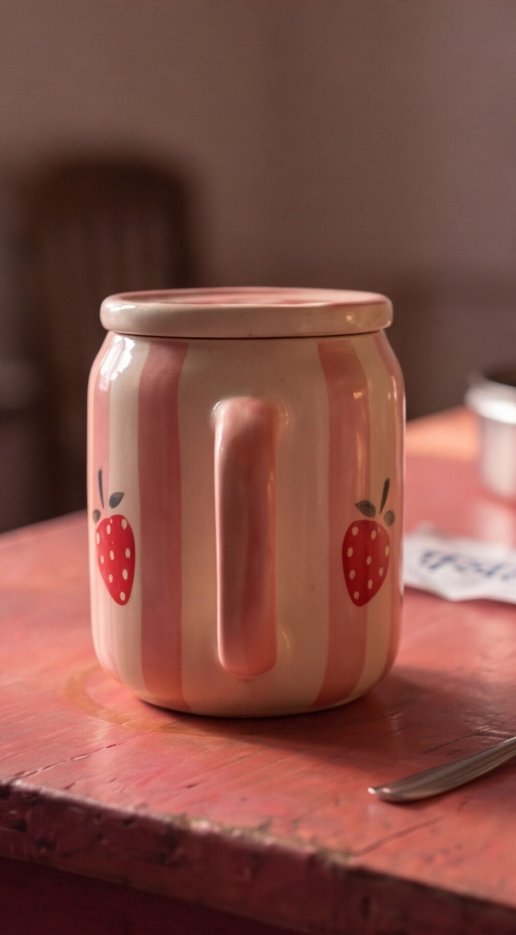 Strawberry sipper ceramic mug with lid and steel straw — cute hot and cold drink mug by Pankhhari