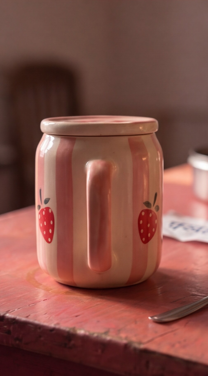 Strawberry sipper ceramic mug with lid and steel straw — cute hot and cold drink mug by Pankhhari